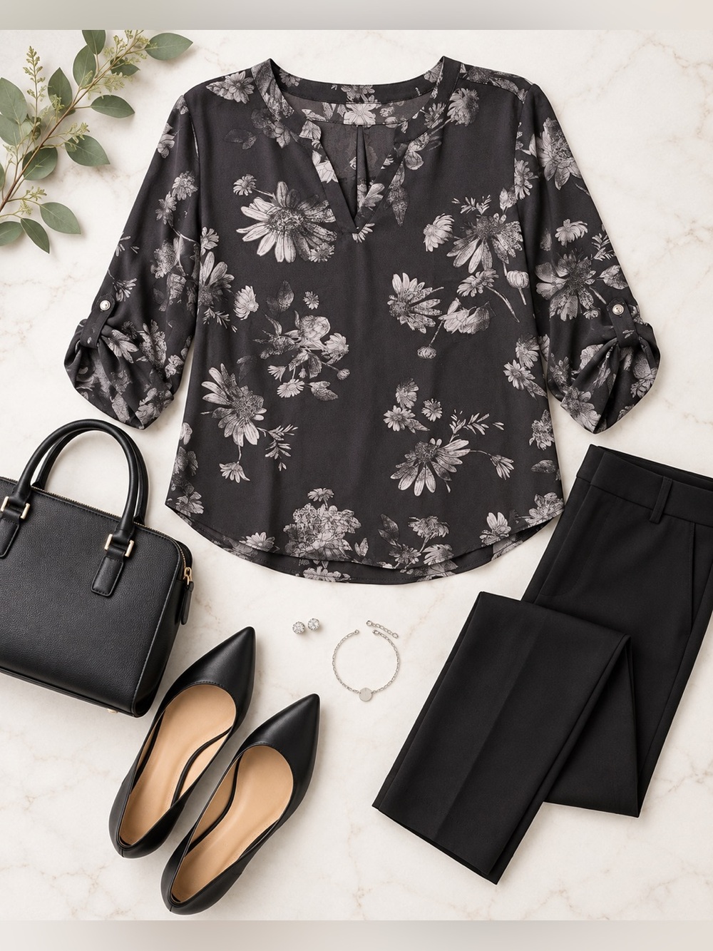 Maurices Black Gray Floral V-Neck Roll Tab Sleeve Blouse